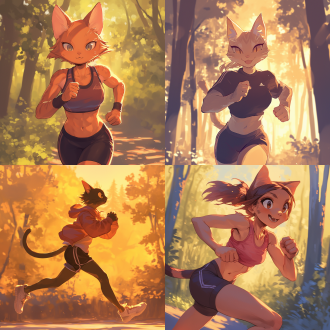 猫拟人化跑步，清晨日出，森林中，逆光，暖色调，长焦镜头，低角度，动态模糊，运动服，微笑，活力。