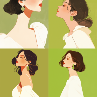 女孩扁平插画，牛油果绿背景，极简艺术，白色长裙，红色口红，迷人眼神，绿色复古耳环，侧脸角度，柔和光线，柔和色调，娴静情绪，扁平风格，高饱和度，低对比度，平面设计，现代感，简约线条，温暖氛围，静物摄影，自然光，柔焦效果，优雅姿态。