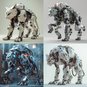 未来巨型机甲猫，零件整齐排列，解构布局，细节丰富，层次感强，众多部件，极其精细，逼真风格，9:16比例，风格化750，版本6.0，金属质感，冷色调，精密机械，科技感，动态静止，光影分明，未来主义。