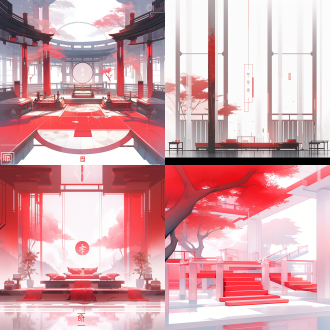 极简主义平面设计，徽派建筑，白墙，远景，高眺舞台风格，灰色与红色色调，东方美学，禅意，对称布局，柔和光线，平面视角，细腻线条，静谧氛围，宁静，和谐。