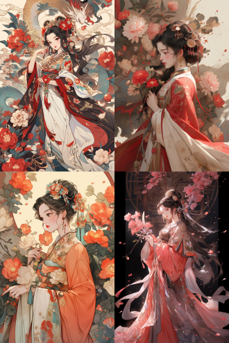 a han dynasty maiden surrounded by large, blooming peony flowers, showcasing intricate details and vibrant colors, capturing the beauty and elegance of ancient chinese art