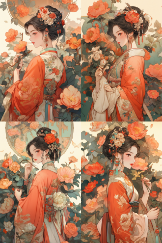 a han dynasty maiden surrounded by large, blooming peony flowers, showcasing intricate details and vibrant colors, capturing the beauty and elegance of ancient chinese art