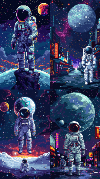 像素画风格，复古游戏场景，16位色彩，低分辨率，宇宙星空夜景，霓虹灯，角色漂浮，广角镜头，柔和光线，怀旧，未来感，对称构图，角色微笑，太空服，科技感，蓝色调，梦幻，神秘。 八比特