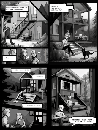 黑白写实漫画风格，山中独栋木屋，三层结构，游戏开发日常，讨论宠物版本，美术严谨制作模型，技术敲代码，策划灵光乍现，基因改造，狗蛋猫蛋样品，制作人z大观瞧，众人震惊惊恐迷惑，讨论投票，绳子祭台，捆绑策划，火柱照耀，走向祭坛，献祭仪式，高对比度，暗色调，广角镜头，侧光，快速快门，紧张神秘。 漫画 废墟 办公室 微观视角 人物视角 孤立构图 第一人视角 黑白 氛围感照明 工作室照明 戏剧化灯光 关键照明 农舍 连环漫画