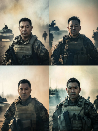 战场背景下坦克旁，士兵提枪走来，中心构图，硝烟弥漫，冷色调，长焦镜头，逆光，坚定步伐，严肃。