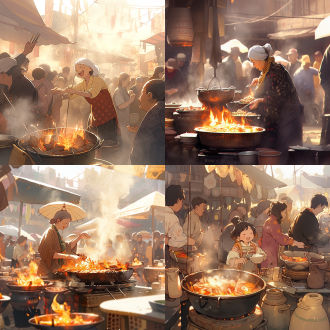 热闹早市中阿姨手拿油条下油锅，中景，人群环绕，烟火气浓，暖色调，标准镜头，自然光，动态捕捉，金黄油条，开心。