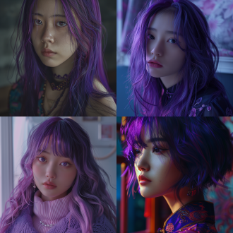 一个紫色头发的中国女孩的肖像，半身，高度详细，柔和的灯光，电影，超现实，4k，高清
