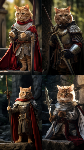photograph of a ginger tabby cat dressed as a medieval knight, holding a wooden sword, stone path background, medieval setting, detailed costume, realistic style