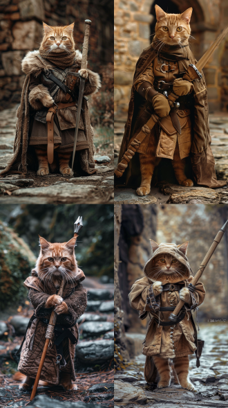 photograph of a ginger tabby cat dressed as a medieval knight, holding a wooden sword, stone path background, medieval setting, detailed costume, realistic style