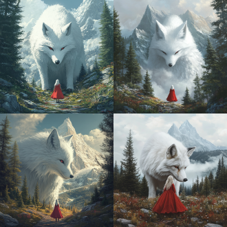 一只超级巨大的白狐站在一个穿着红色坠地长裙的小姑娘身后，周围是山峰和松柏