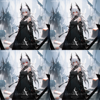 the game poster of the popular,chinesechildren cartoon arknights ,a girl,white hair,black dress ,stone ground,look at sth