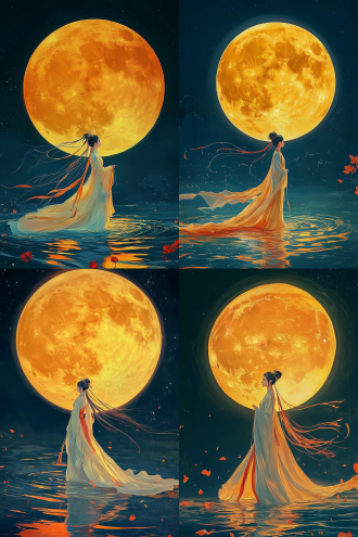 彩色古典插图，嫦娥水面步行，巨大金色圆形月亮背景，宣传海报，广角镜头，侧光，柔焦，夜晚，表情宁静，4k高清分辨率，优雅，宁静，梦幻，古典风格，水波纹，长发飘逸，仙气飘飘，金色与蓝色对比，神秘感，超现实主义。 中式服装 发花