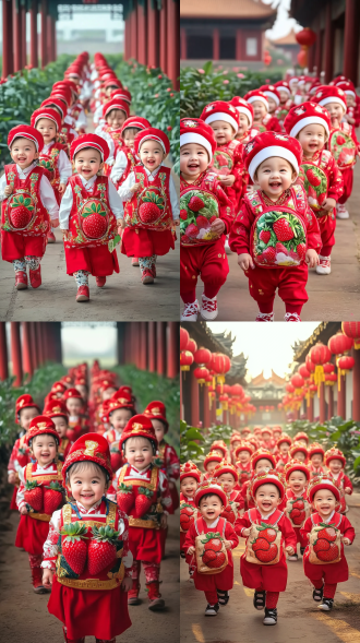 一群开心人类穿草莓背包与华丽服饰，带贝雷帽，有婴儿排成排，在中式庙宇，亚洲萌脸战士着红装，春意，纯乐，对称构图，暖光，长焦。