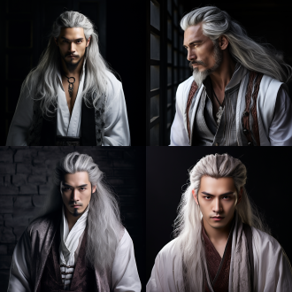 银白古现代时尚发型，道家东方男性，半身像，阳刚之美，高对比度，柔光，古今融合，东方美学，时尚发型，银白长发，深邃眼神，自信微笑，细腻肌肤，高光，阴影，自然光，广角镜头，柔和色彩，神秘感。