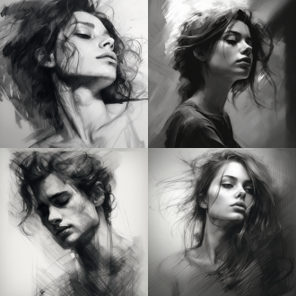 艺术素描画像，黑白对比，细腻线条，人物肖像，柔和光影，特写镜头，静态，专注，沉思，艺术氛围。