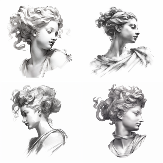 维纳斯素描，半身像，柔和线条，古典风格，白色背景，细腻笔触，侧光，静谧，优雅，灰色调，沉思。