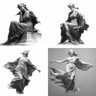 自由女神艺术素描，中心构图，黑白灰色调，细腻线条，柔和侧光，女神庄严表情，长袍飘逸，背景简洁，静态，沉思，庄严。