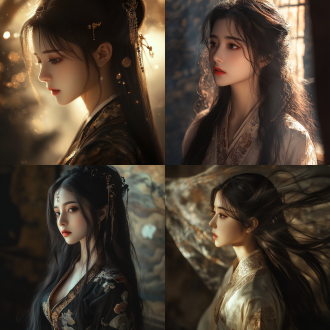 艺术古风东方美女，仙风道骨，现代元素融合，半身像，柔和光线，古典服饰，长发飘逸，眼神深邃，背景模糊，高光细节，暖色调，广角镜头，侧光，静态，优雅，神秘。