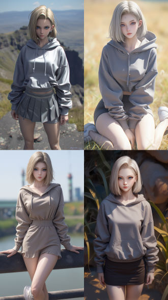 女性角色人造人18号，灰色卫衣短裙套装，上衣长袖，运动鞋，28岁，女性，158，50公斤，在江边草坪落日！野餐，超现实风格，全身照，写实。七龙珠18号，裙子特写::7，deep u-neck dress，手，眼睛，米色短发，修身装，16k，超级细节，高雅气质，端庄大气，现代风格，艺术感，令人惊叹的照片， 极限特写 头部特写