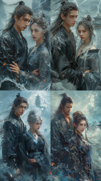 中国神话，雷神和闪电女神20岁左右俊男靓女的形象，雷电图案的黑灰色汉服，站在暴风雨的云层上，雷神肌肉发达的身材和愤怒的表情，手持巨大的雷锤，闪电女神优雅的姿态，银白色的头发和电镜散发出明亮的光芒，戏剧性的天空伴随着雷电和闪电的闪光，强风吹过他们的衣服和头发，蓝色和紫色的调色板，高度细节和现实，中国古代建筑在背景中的规模和背景。写实，摄影，中景镜头，虚幻引擎，3d渲染，c4d，blender，oc渲染器，游戏质感，光线追踪，大师作品，杰作，高画质，高清，电影剧照，电影效果，画面中，他们分别摆出非常酷炫的姿势，周围电闪雷鸣