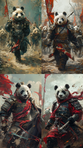 一个熊猫将军带领一群熊猫穿着战国秦军铠甲，骑着马冲锋！