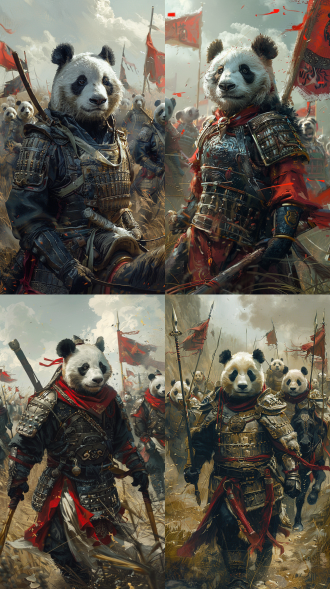 一个熊猫将军带领一群熊猫穿着战国秦军铠甲，骑着马冲锋！背景是一望无际的草原