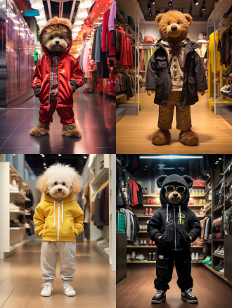 狗犬类站立拟人化，儿童服装，一米八高，黑色鞋子，泰迪狗头，咖啡色造型，广角镜头，自然光，高分辨率，色彩鲜艳，表情严肃，服装店走秀背景，垂直构图，明亮色调，正面光，静态，专业模特，时尚展示。