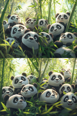 q版熊猫群像特写，熊猫群绿色的竹林，崇拜的看着上方天空，可萌超可爱，表情搞怪，竹林光影，奇怪动作，可爱，超萌，超高清超高分辨率，暖色系，柔和光线，可爱