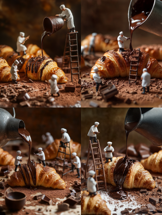 a group of tiny bakers decorating a freshly baked croissant with chocolate. one chef stands on a small ladder, carefully pouring a stream of glossy melted chocolate from a tiny bucket, while others use minuscule spatulas to spread it evenly. chocolate shavings and cocoa powder are artfully arranged around them, enhancing the richness of the scene.