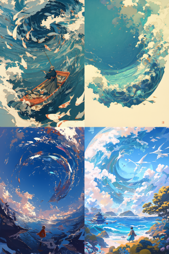 虚幻的美丽海洋，上面可以看见些许梦幻般天空，下面是幽深的深海，可以看见美丽震撼的景象，仰视角，高清细节，海洋元素，深海，鱼群，丁达尔效应，梦幻感，艺术感， 日本版画 超现实主义 粉彩色