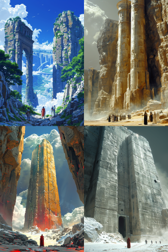 宏伟壮观的古代遗迹，重达上千吨的巨大遗迹柱子，放眼望不到顶端，冒险者站在遗迹门口仰头眺望，头顶是上千米的巨大洞窟，自身难以想象的渺小，远景透视，幻想元素，4k，高细节的插画，历史感，震撼感，神秘，