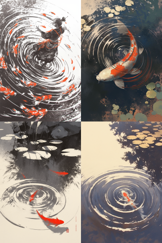 美丽的中式水墨画，锦鲤在水面上游,荷叶，水波纹，红白主色调，动态，非常非常艺术，用于墙画装饰，细腻笔触