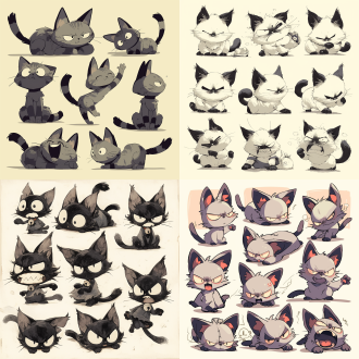 小猫，多种姿态与表情，愤怒、开心、撒娇，插画组图，粗旷漫画线条风格，动态姿势，黑白暗调，f/64光圈，旧梗内核，粉笔质感，放松，niji6.0 漫画