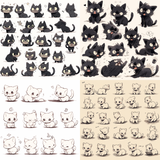 小猫，多种姿态与表情，愤怒、开心、撒娇，插画组图，大胆漫画线条风格，动态姿势，黑白暗调，f/64光圈，旧梗内核，粉笔质感，轻松，niji5.0。 漫画