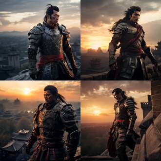 云铮身披战甲，威风凛凛，站在城墙上，俯视战场，眼神坚定，背景是硝烟弥漫的战场，夕阳映照，广角镜头，高对比度，冷色调，侧光，长曝光，动态模糊，紧张，霸气。