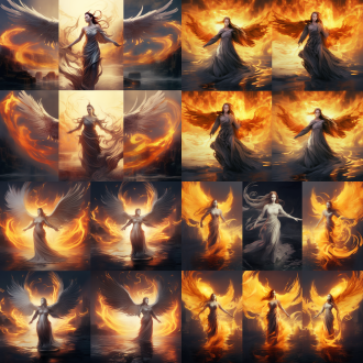 凤凰转世，江铃人间，凤凰浴火重生，江面倒影，古典风格，长袍飘逸，神情庄重，广角镜头，低角度，逆光，金色光芒，水波纹，神秘感，庄严。