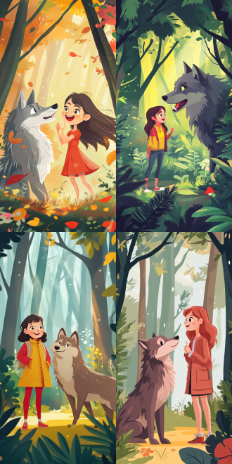 扁平风少女与野狼，搞怪表情，夸张姿势，森林背景，明亮色彩，广角镜头，自然光，动态模糊，卡通风格，欢乐氛围。