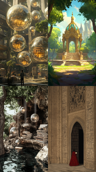 a futuristic library where books are replaced by glowing, ethereal orbs that contain the knowledge of ancient civilizations, and readers can access the information by touching the orbs, surrounded by a lush, surreal forest with trees that resemble giant quills.