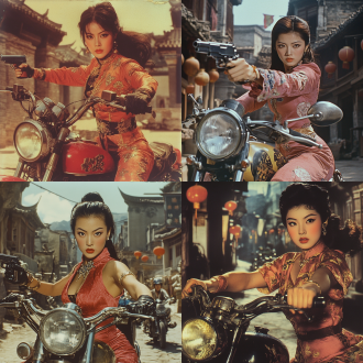 中国美女拿着枪 在中国古代城市骑摩 托中国古代盔甲 dvd截屏 邵氏兄弟工作室 武侠电影