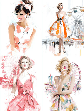 fashion illustration by david downton, girl, amusement park background, cute, whimsical, jubilant, sweet, fresh, radiant, soft, gleeful, tender, elegant 4k, photorealistic, ultra detailed