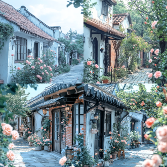 青砖瓦房，小巷子，粉色蔷薇花，对称构图，柔和光线，清晨，广角镜头，自然色彩，颜色饱和度高，治愈，宁静，温馨。
