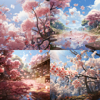 宫崎骏风格特写樱花纷纷飘落，粉红色花瓣，细腻笔触绘出，自然环境中，广角镜头，柔和侧光，清新色调，宁静而生机。