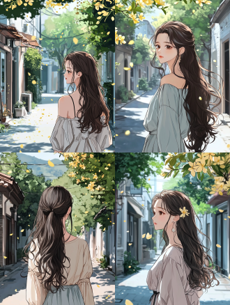 宫崎骏清新风格插画，女孩长发于无人街道，街道黄花风铃木飘落黄花，浅绿柠檬绿粉调，中景构图，柔和光线，宁静憧憬。