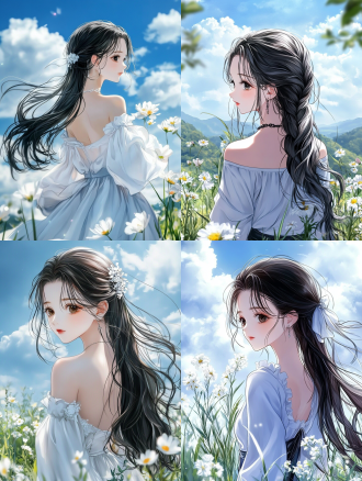 女孩，飘逸长发，背影，背景蓝天白云，美丽的草丛，女孩站在草丛里，手持鲜花，动态捕捉，配色同色系唯美，高饱和度，细节精致，动漫风格，细节精致，8k画质，宫崎骏清新风格