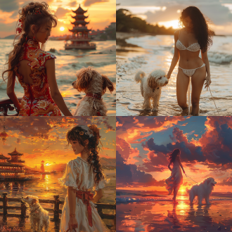 中国女孩，长卷发，海边，落日，狗狗，散步