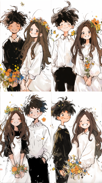 动漫双人，正面全身照，迎宾动作，鲜花环绕，浪漫氛围，对称构图，柔和光线，室外花园，中焦镜头，浅景深，微笑，温馨，粉色调。