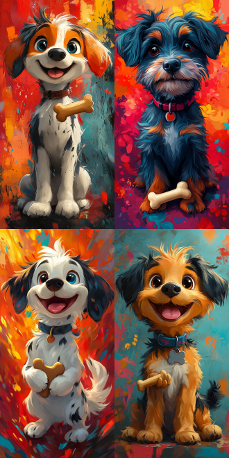 a cute cartoon dog with a wagging tail, holding a bone, in a bright and colorful background.