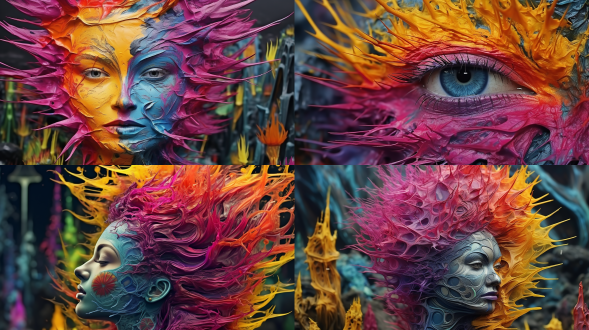 结合两张图片的特点生成新的图片，色彩、线条杂乱无章，形象尖锐