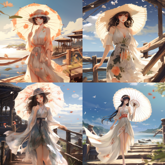 8k画质，中国系列动漫女性，白色碎花打翻领薄纱连衣裙，黑色编织遮阳帽，手持江南风的遮阳伞，站在木板桥上，海波浪，五官端正，长腿少女，阳光，身材苗条，沙滩，丝袜，高跟鞋