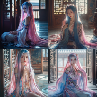 美女长发全身真人写真，居中构图，特写细节，古风室内，长焦镜头，逆光，双手抱胸，蓝粉渐变发，清凉汉服，大长腿，优雅。